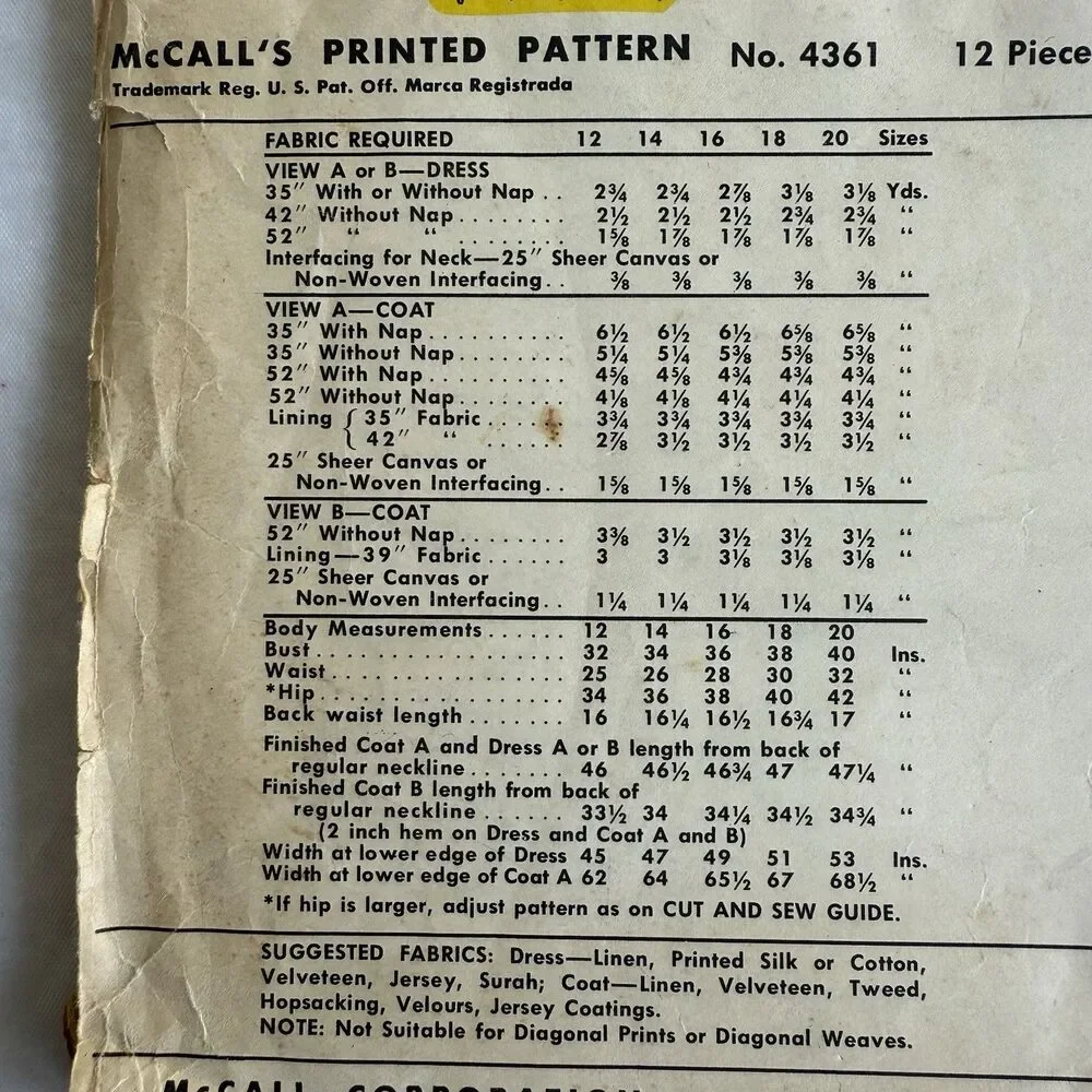 Vtg 50s McCalls 4361 Sewing Pattern  Dress Coat Jacket Sz 14 Bust 34